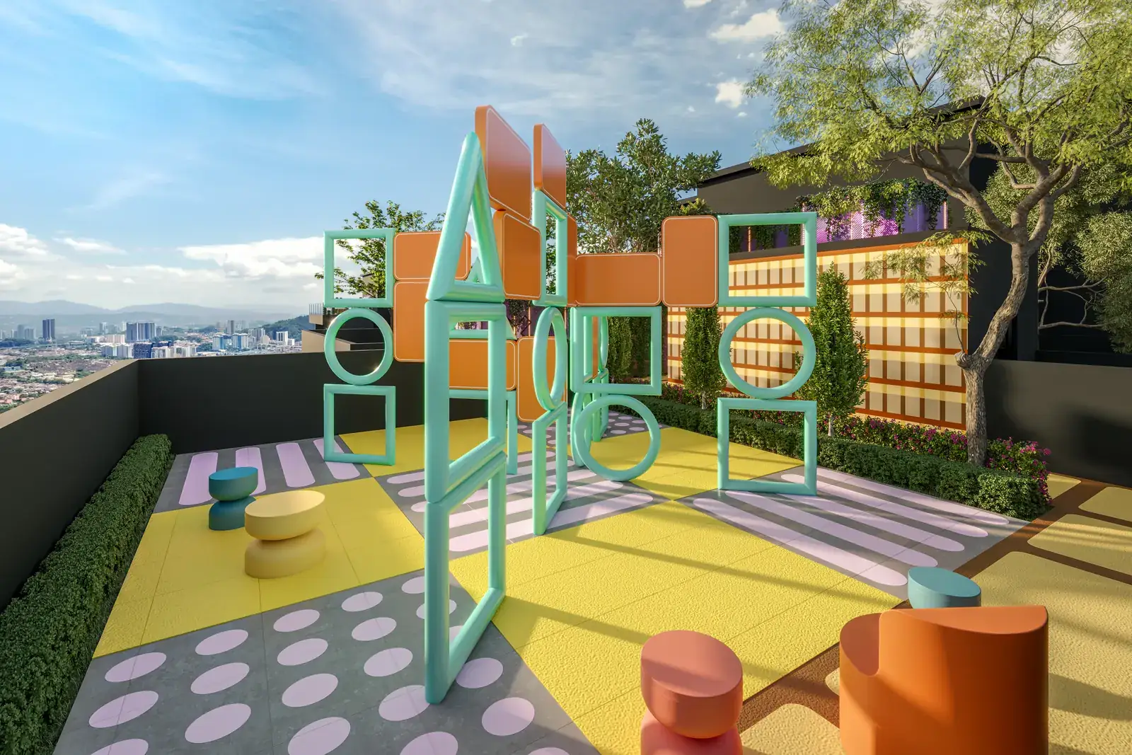 Bambini Playhouse dengan gelongsor merah jambu dan sudut permainan ungu di atas rumput