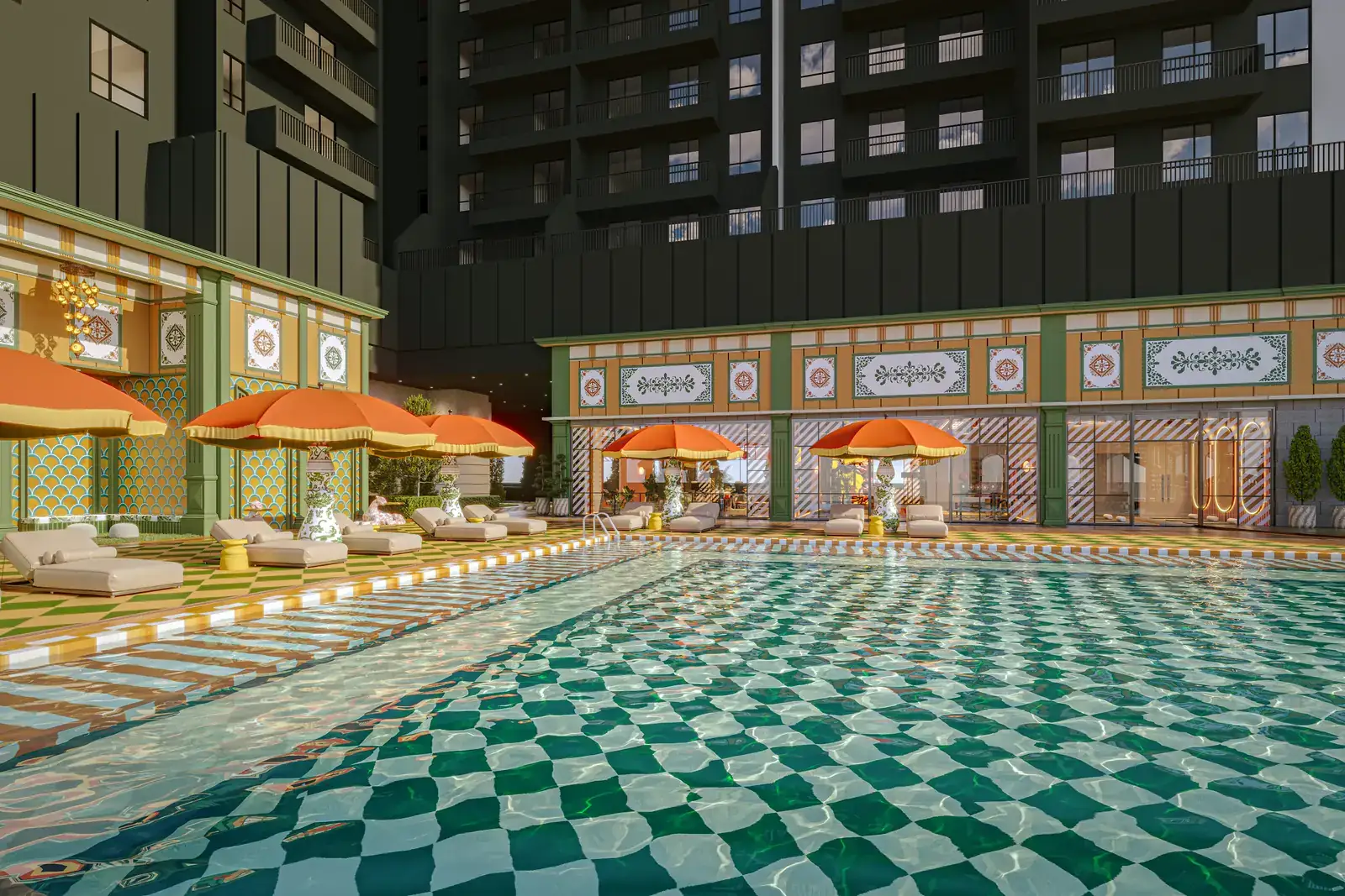 Capri Club Pool dengan jubin petak hijau, payung oren dan kerusi rehat