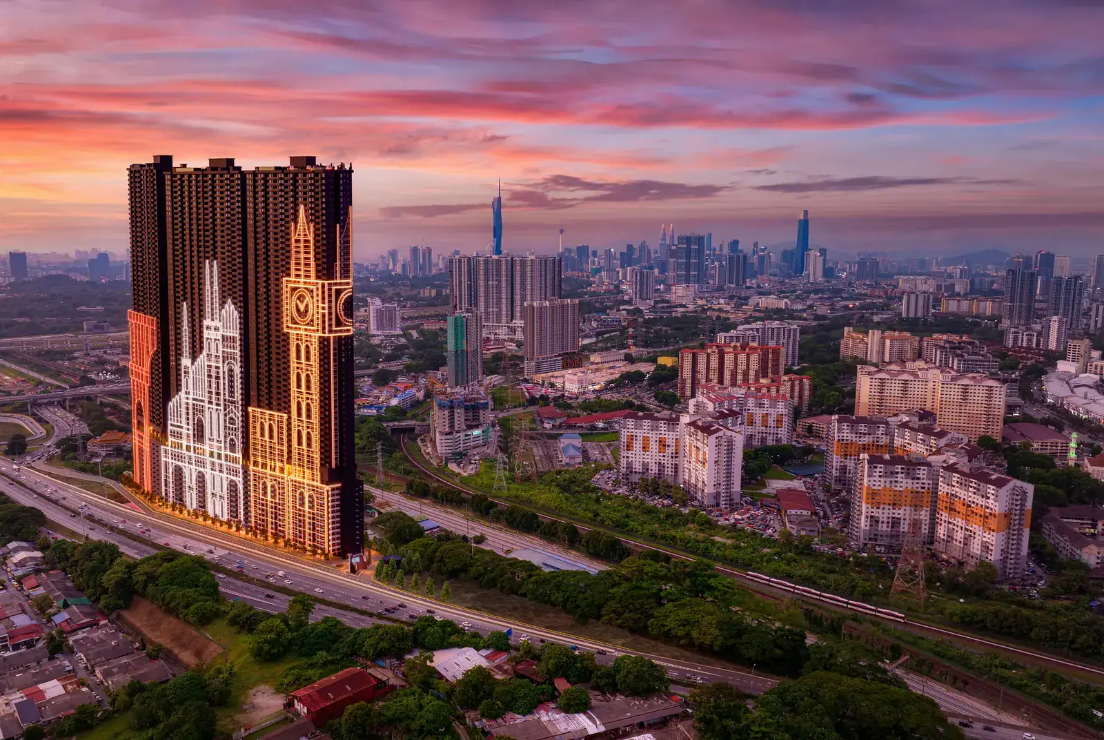 Gambaran artis Arte Star waktu matahari terbenam, dengan latar langit KL dan Merdeka 118