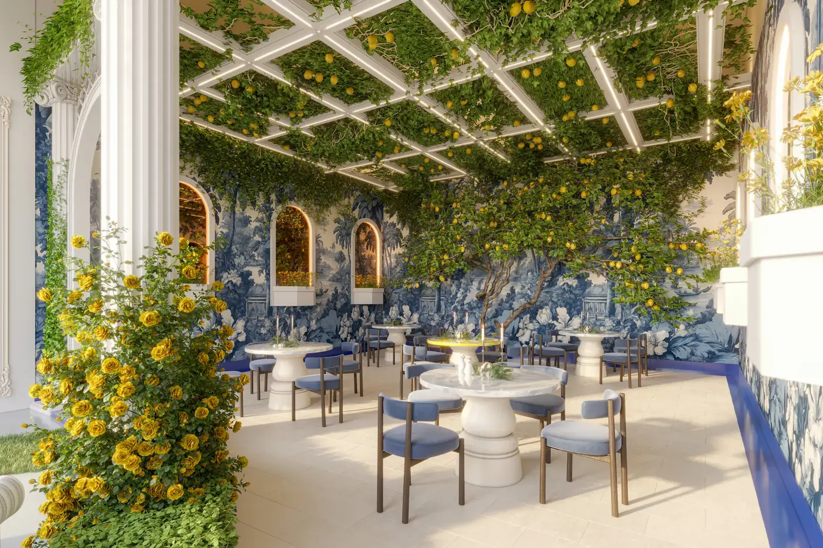 Lemon Lounge dengan jubin biru putih dan pokok lemon