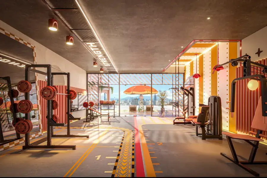 The Roma Gym dengan dinding berjalur, rak pemberat dan pemandangan bandar