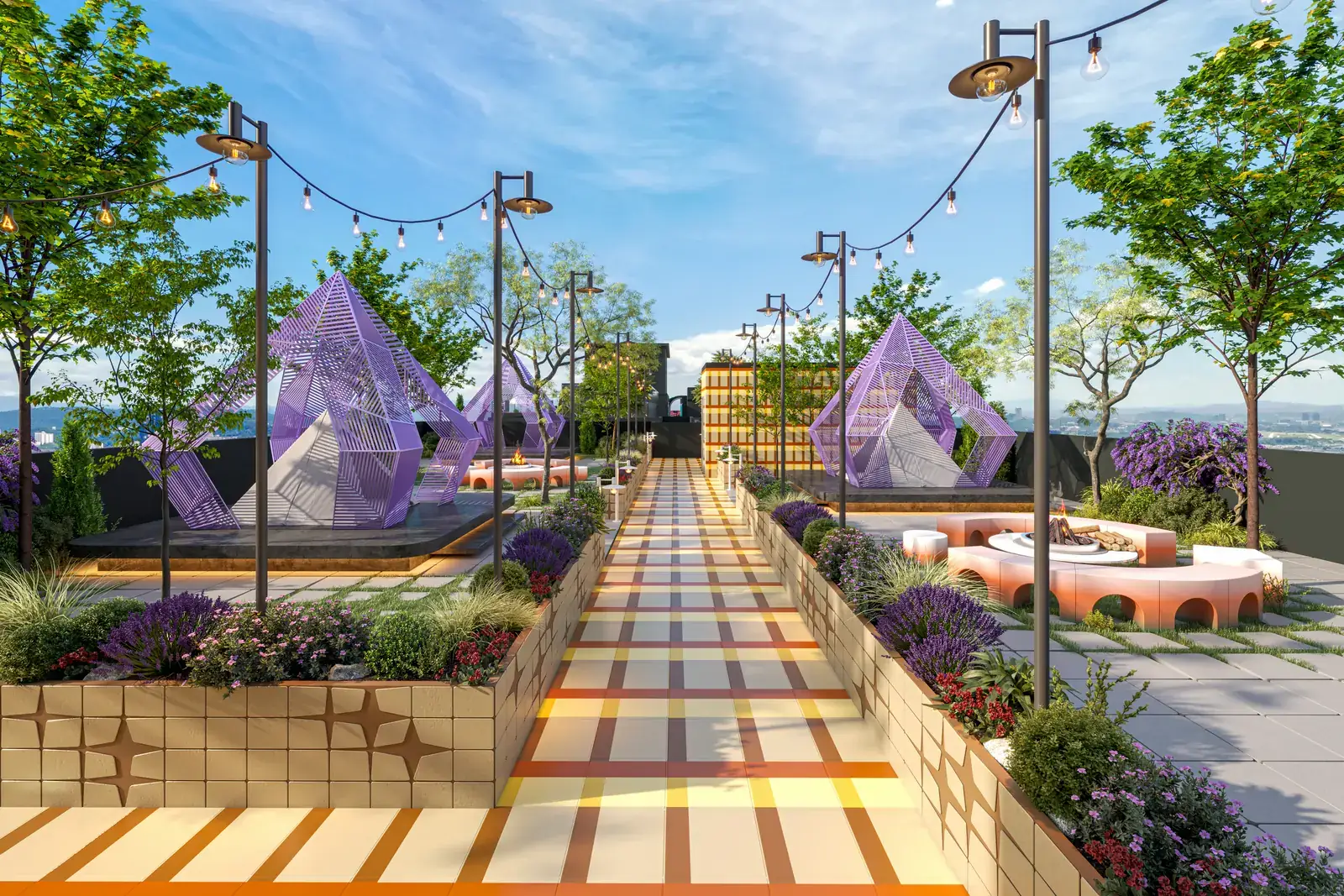 Sky Camp di bumbung, dengan khemah glamping ungu, lampu tali dan laluan taman berjubin
