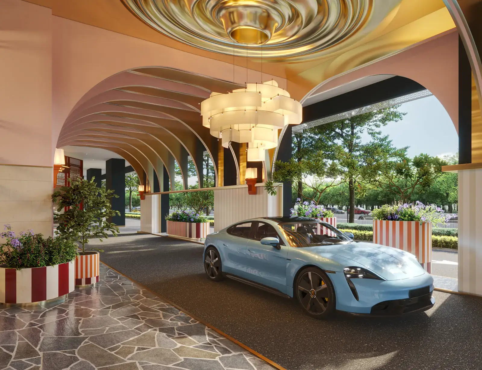 Kawasan menurunkan penumpang Welcome Plaza The Milano, dengan gerbang merah jambu, siling emas dan candelier