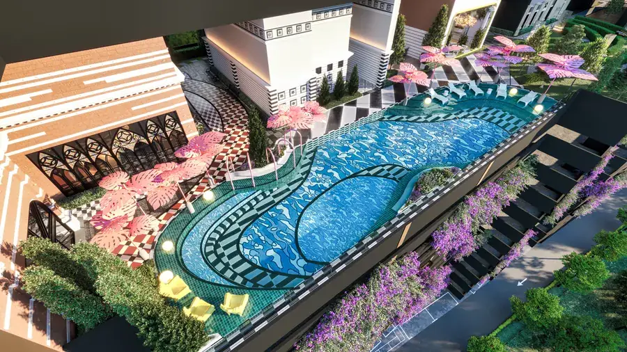 Pop Art Pool dengan payung daun merah jambu dan dek berpola