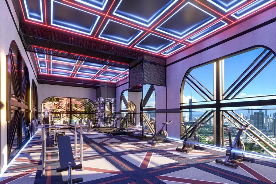 Union Jack Gym dengan lampu siling merah dan biru di atas mesin