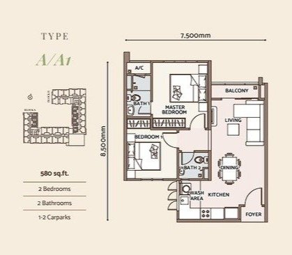 D'Parc Type A floor plan 580 sqft
