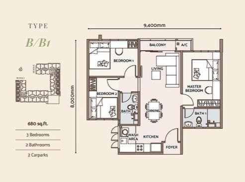 D'Parc Type B floor plan 680 sqft