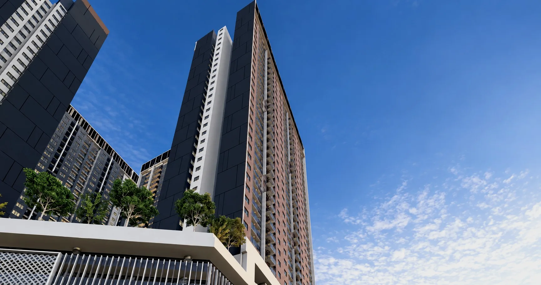 Menara Maxim D'Parc berlatarkan langit cerah (gambaran artis)