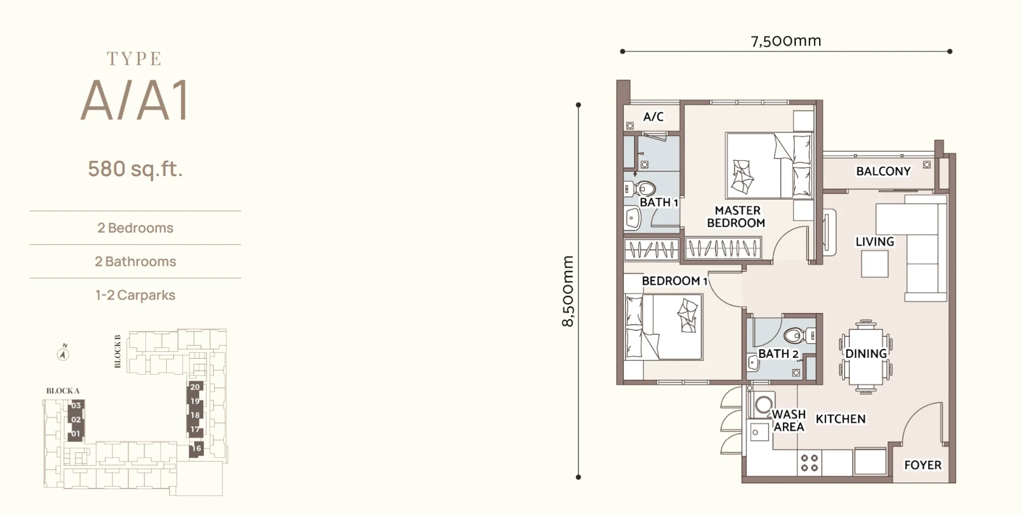 Type A / A1 floor plan, 580 sq.ft.