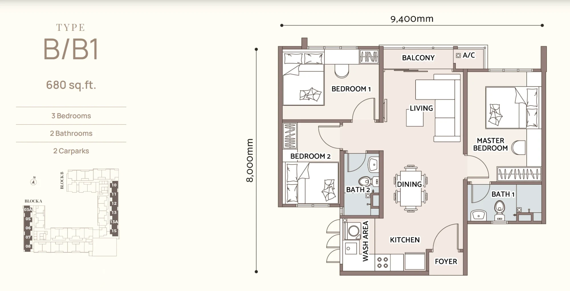Type B / B1 floor plan, 680 sq.ft.