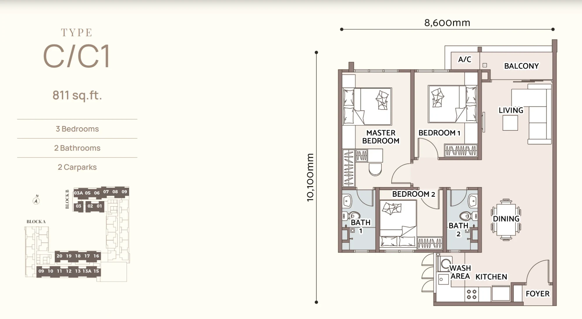 Type C / C1 floor plan, 811 sq.ft.