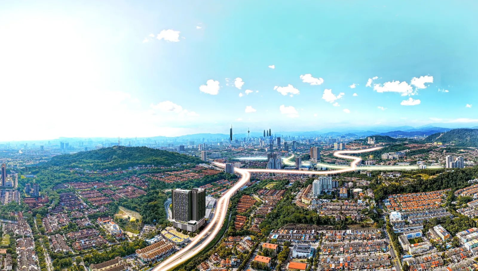 Pemandangan udara Maxim D'Parc ke arah latar langit KL
