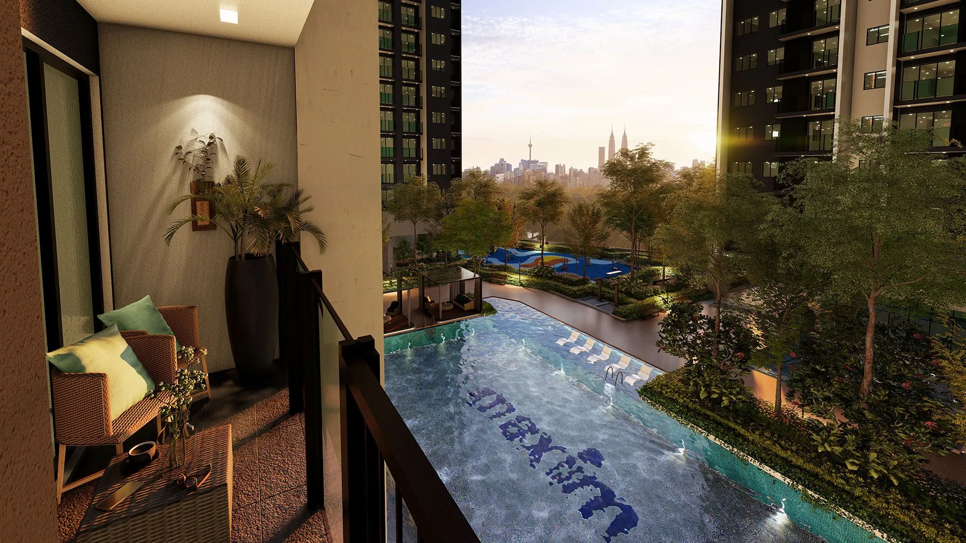Balkoni menghadap kolam ke arah KLCC dan Menara KL (gambaran artis)