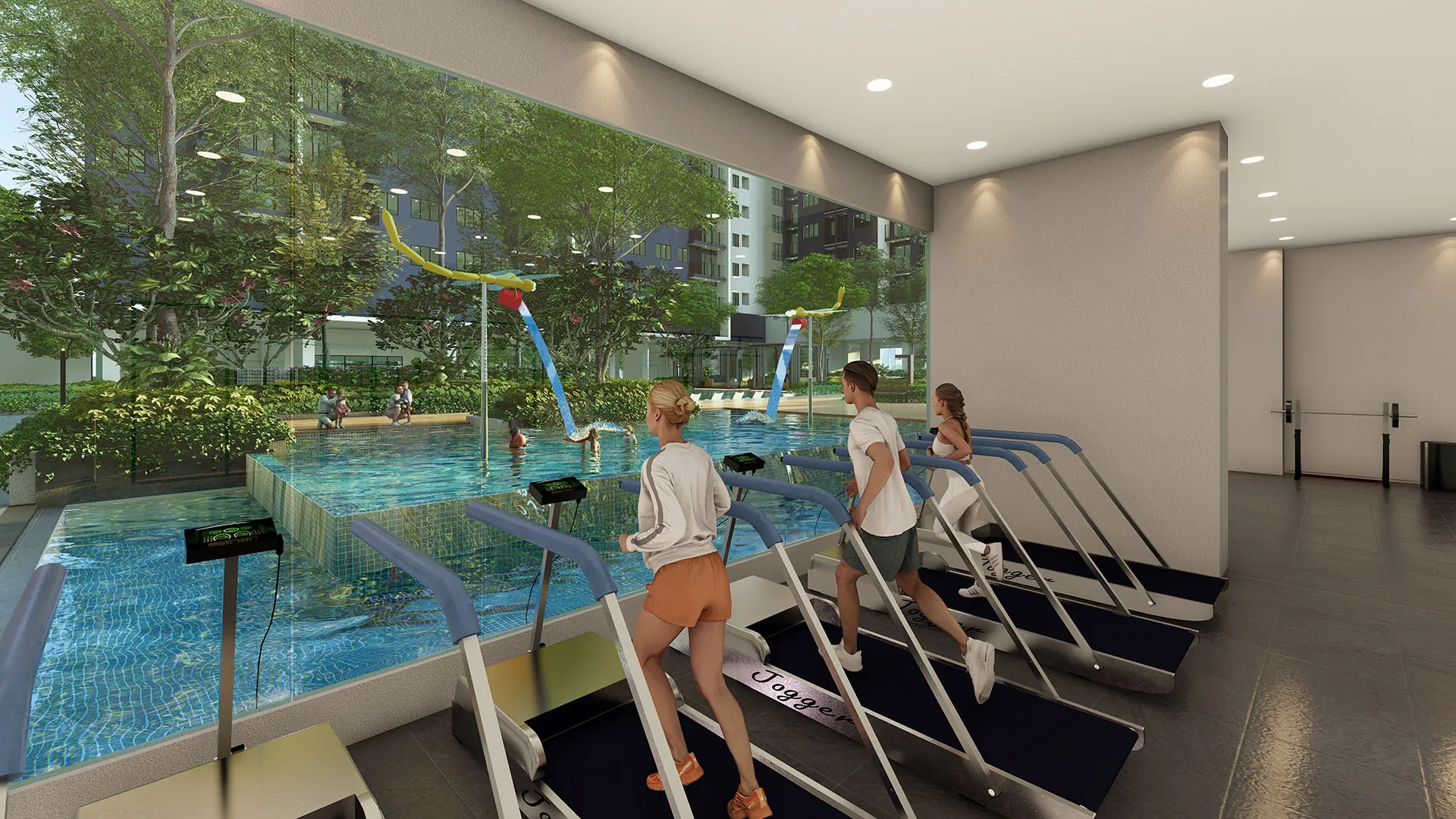 Gimnasium dengan treadmill menghadap kolam (gambaran artis)