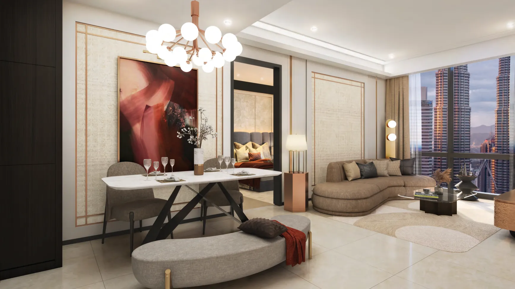 Dining room with Twin Towers view