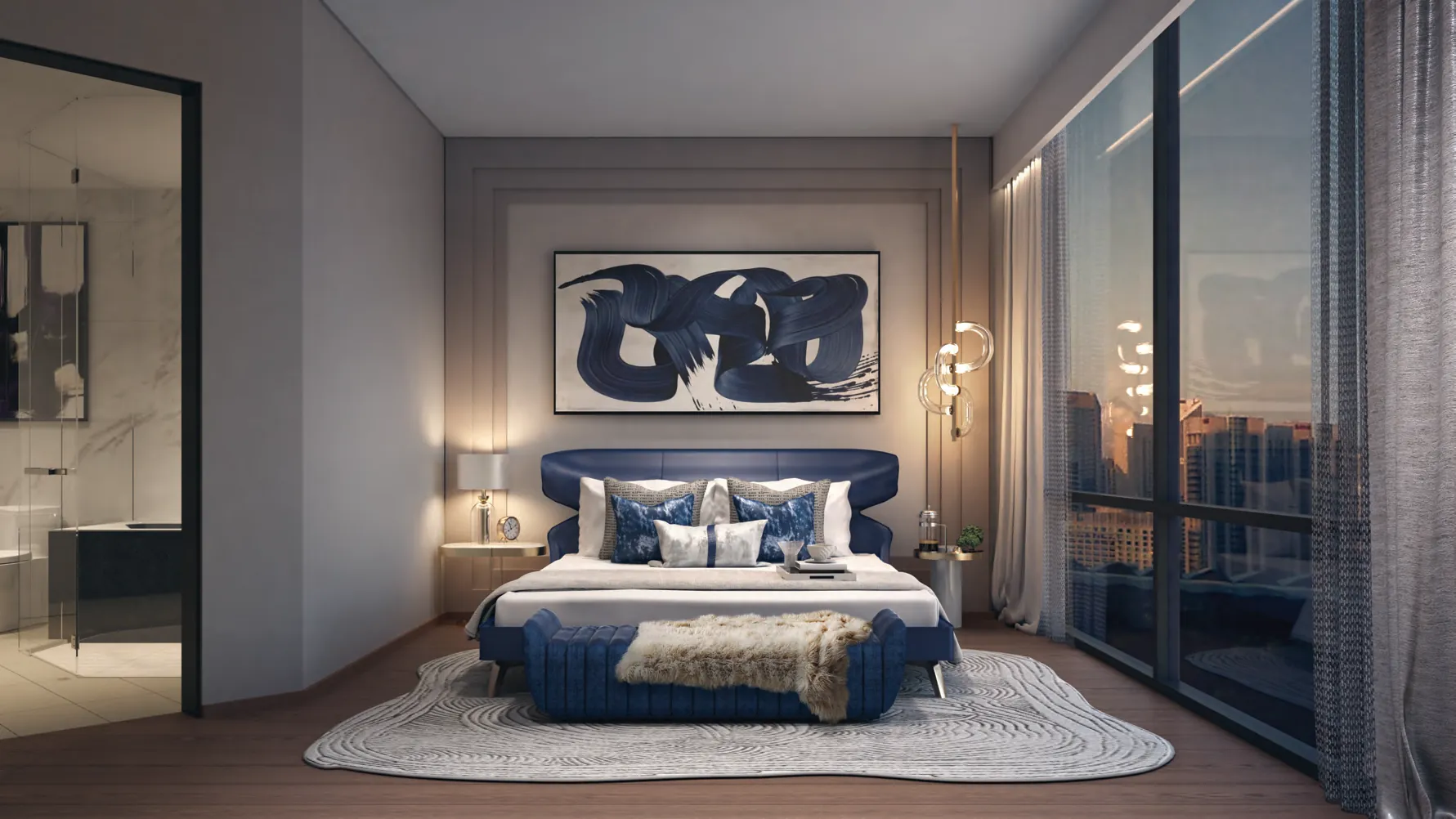 Bedroom in blue and brass